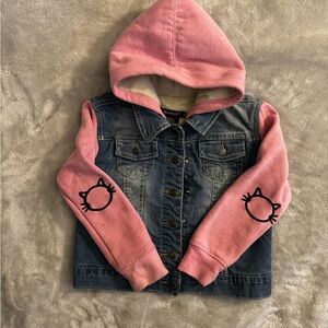 Kids Denim Jacket with Pink Hood and Graphic Cat Sleeves